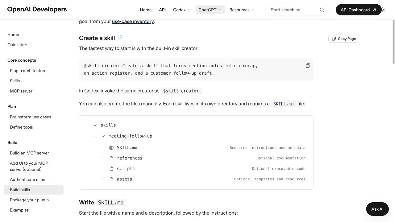 OpenAI Developers 的 Build skills 页面，说明 Codex Skill 由 SKILL.md 与可选 references、scripts、assets 组成