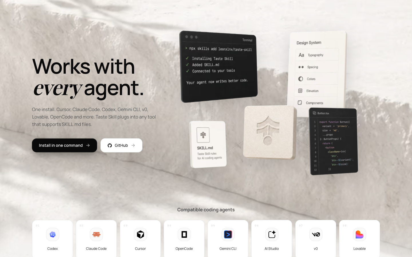 Taste Skill 官网 Works with every agent 区域展示 Codex、Claude Code、Cursor、Gemini CLI 等兼容 Agent