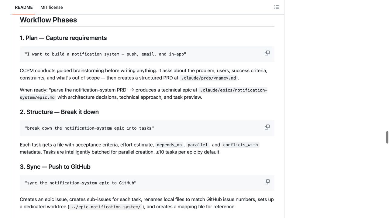 ccpm 官方 README 展示 SKILL.md、五个阶段参考文件和状态脚本的目录结构