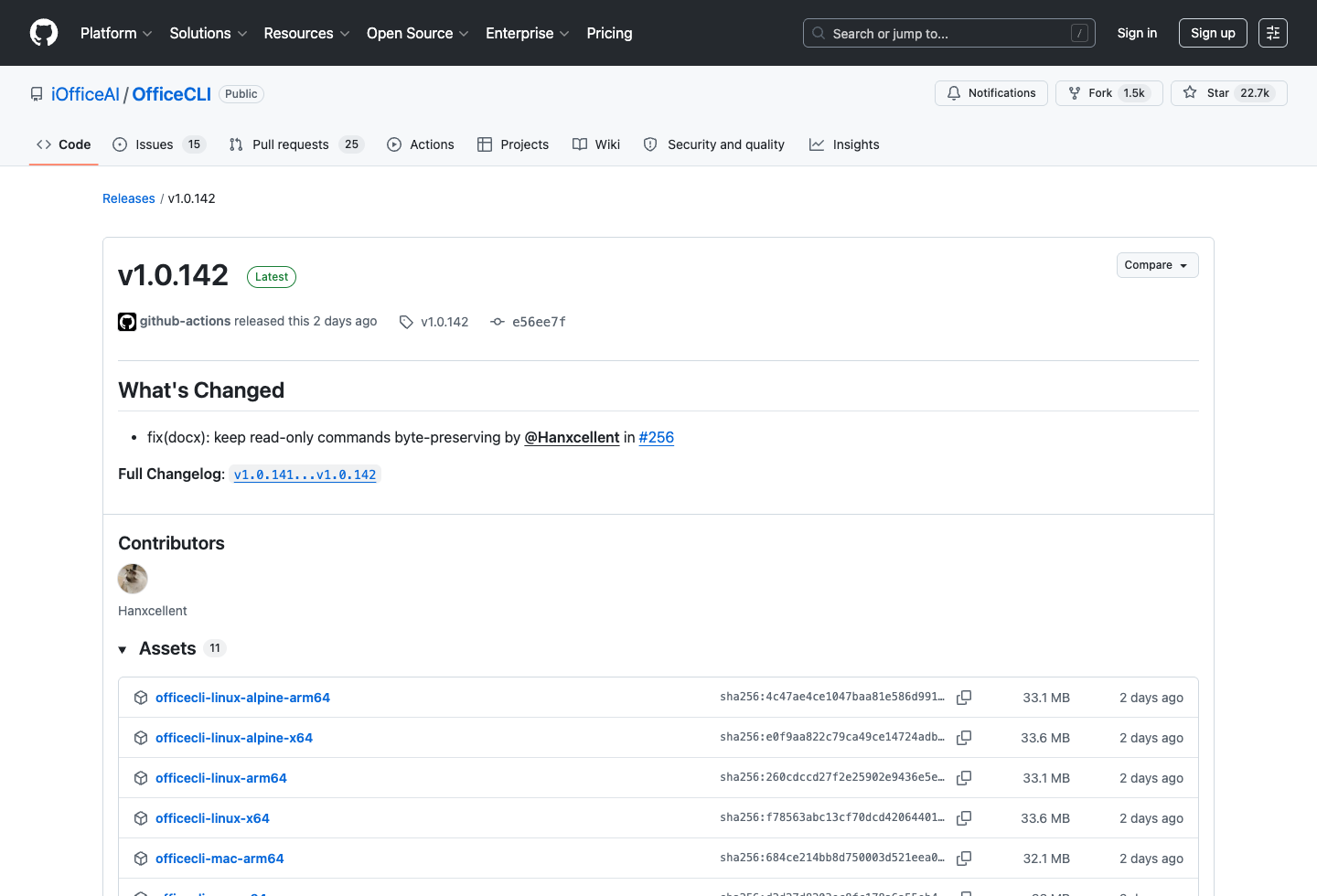 OfficeCLI GitHub Releases 页面显示 v1.0.142 最新版本和多个平台二进制资产