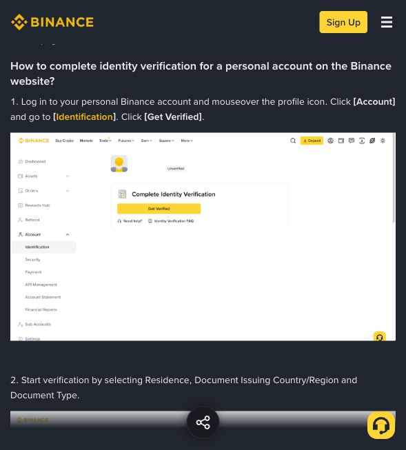 币安身份认证帮助页显示Account、Identification和Get Verified入口步骤