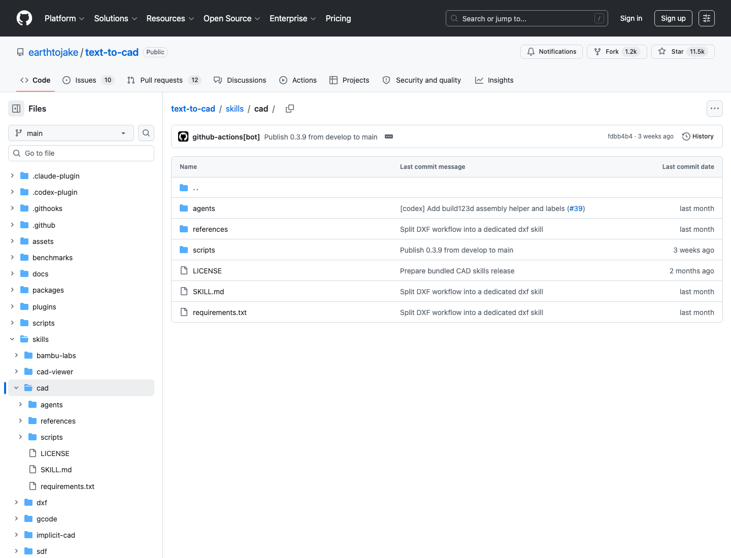 GitHub 仓库 skills/cad 目录包含 SKILL.md、requirements.txt 和脚本目录