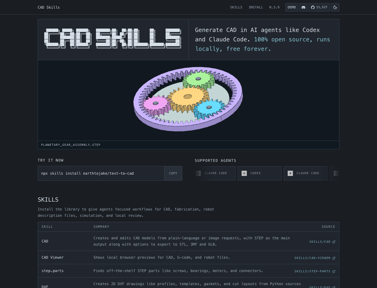 CAD Skills 官网首页显示本地运行和安装命令