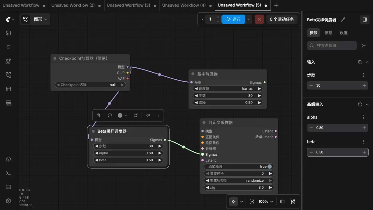 ComfyUI 中 Beta采样调度器接收 MODEL，并以绿色 SIGMAS 连线接入自定义采样器，参数为 steps 30、alpha 0.80、beta 0.50