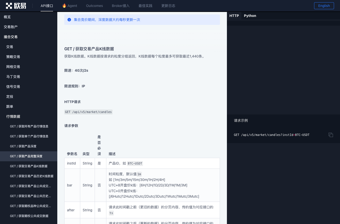欧易 OKX API v5 中文文档截图,展示获取交易产品 K 线数据 REST 接口 /api/v5/market/candles