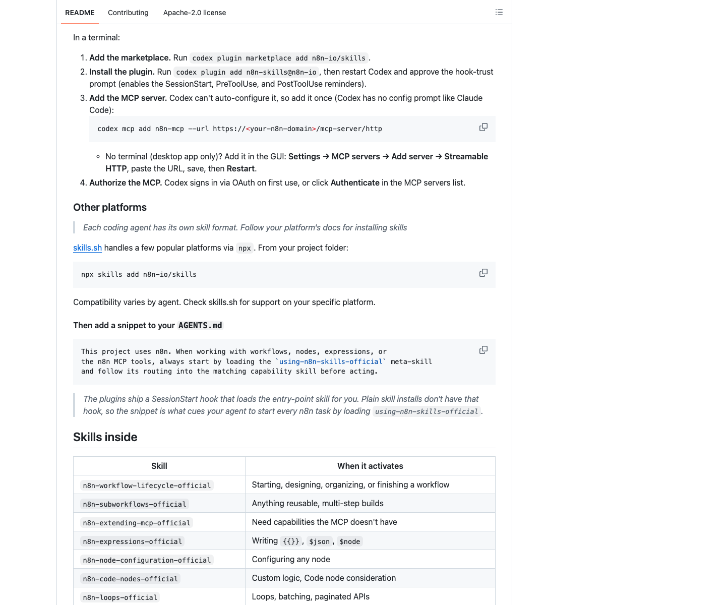 n8n 官方 skills README 中插件安装与 MCP 配置说明