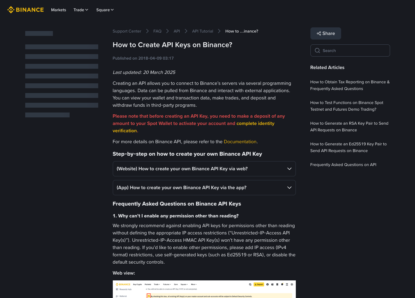 币安官方 API Key 创建帮助页截图,展示创建前置条件、读权限、IP 限制和 API Key 管理提示