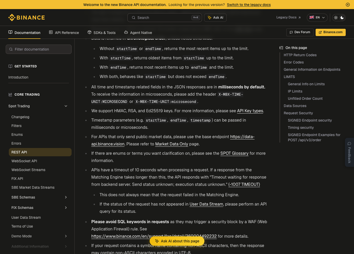 币安现货 REST API 安全类型文档截图,展示 HMAC、RSA、Ed25519、timestamp 和请求安全提示