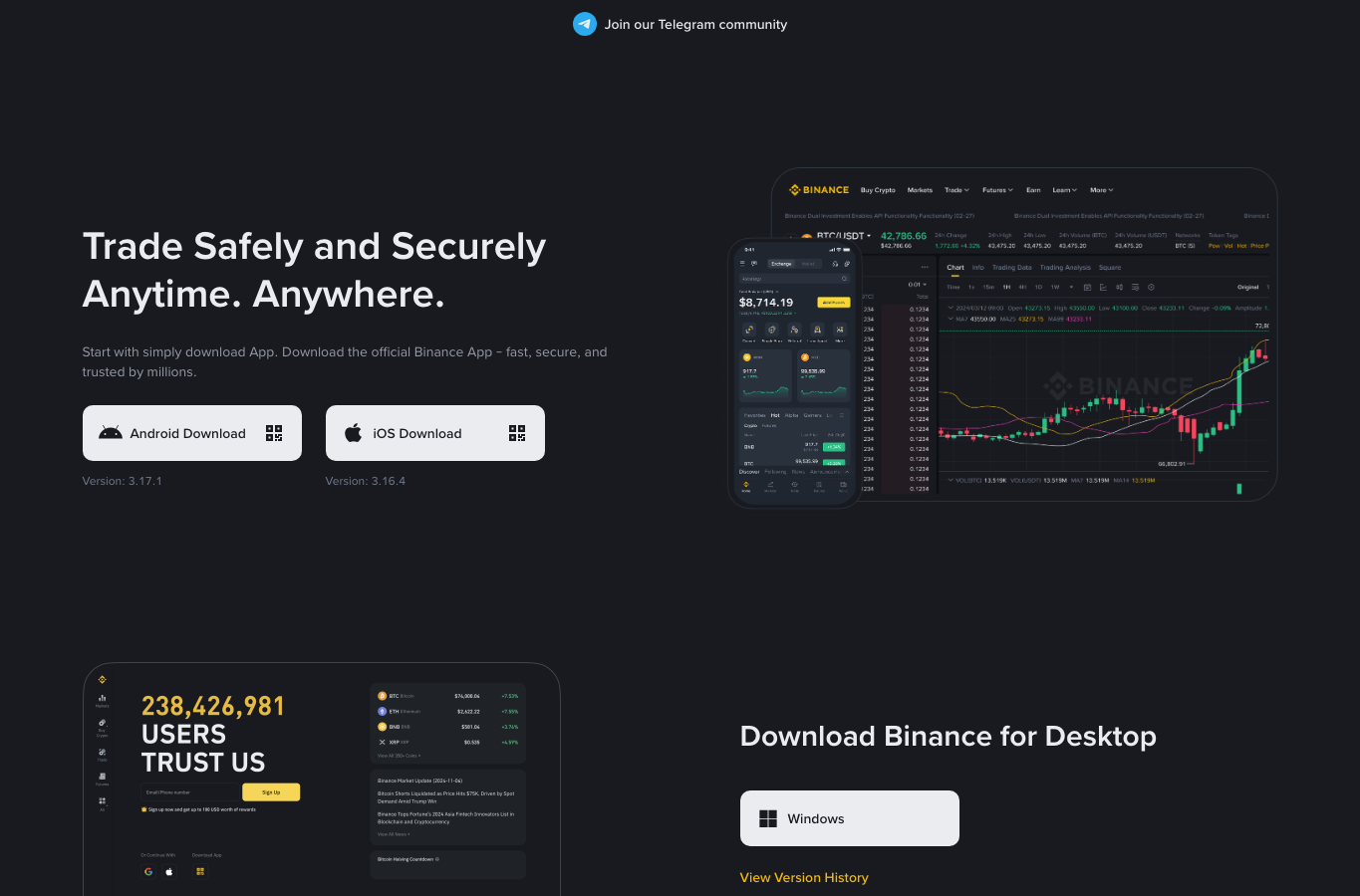 Binance 官方下载页显示 Android、iOS 和桌面端下载入口