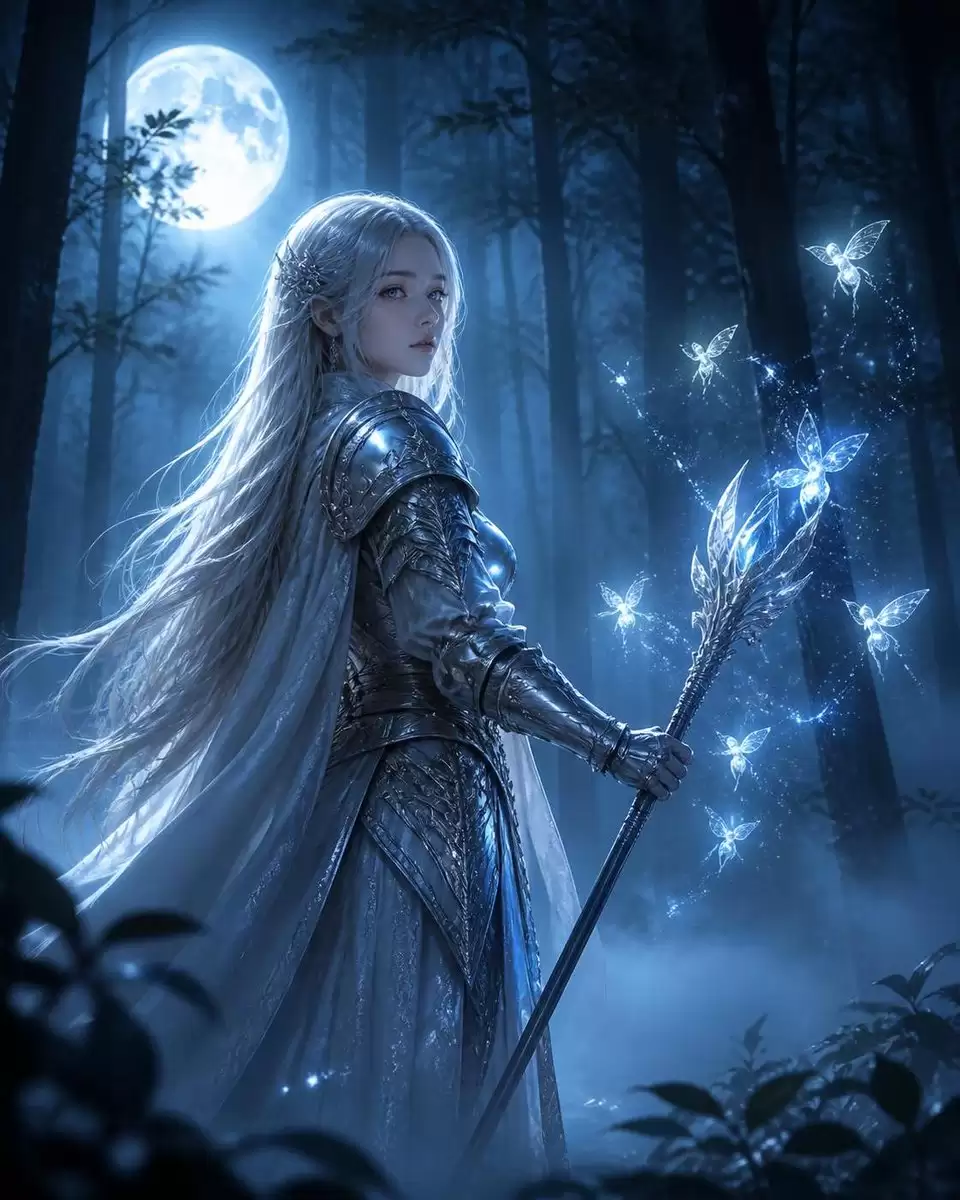 月光森林中的银发女战士