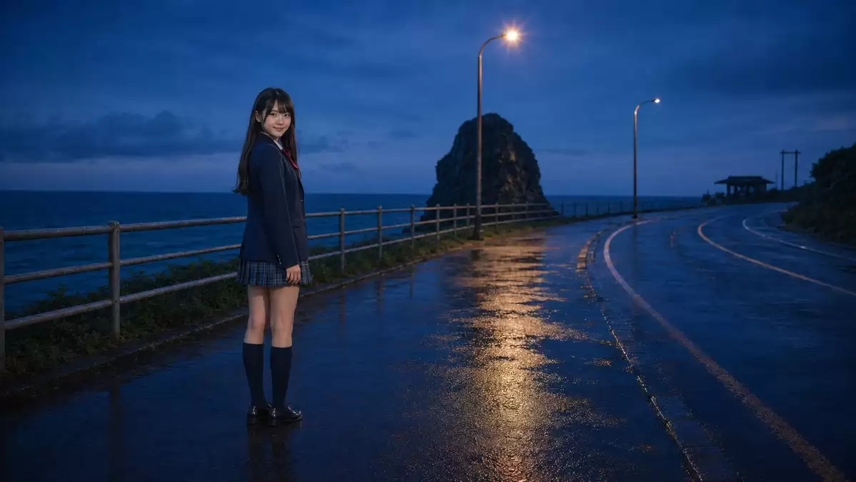 雨中海岸女学生场景