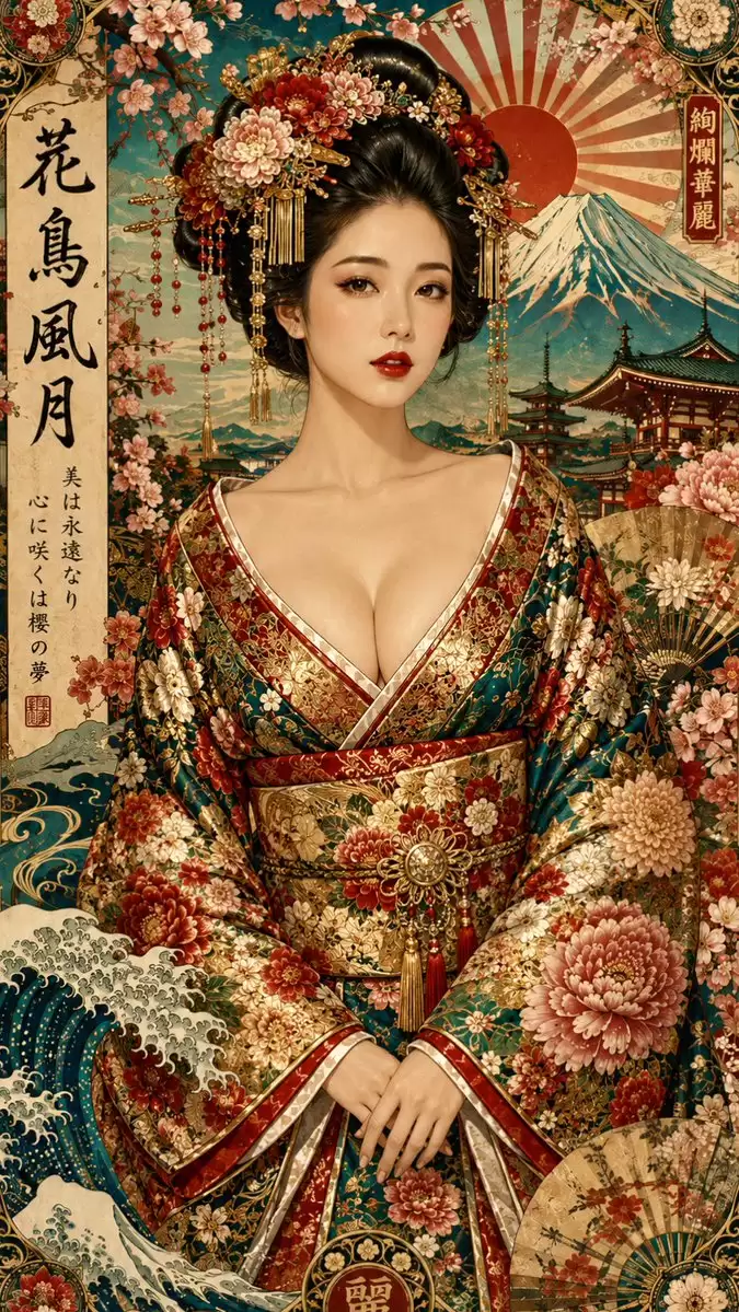 日式新艺术风格艺伎肖像海报