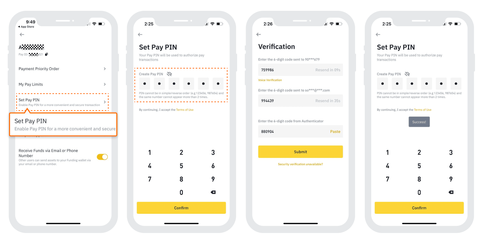 币安 Pay PIN 设置与验证码确认页面