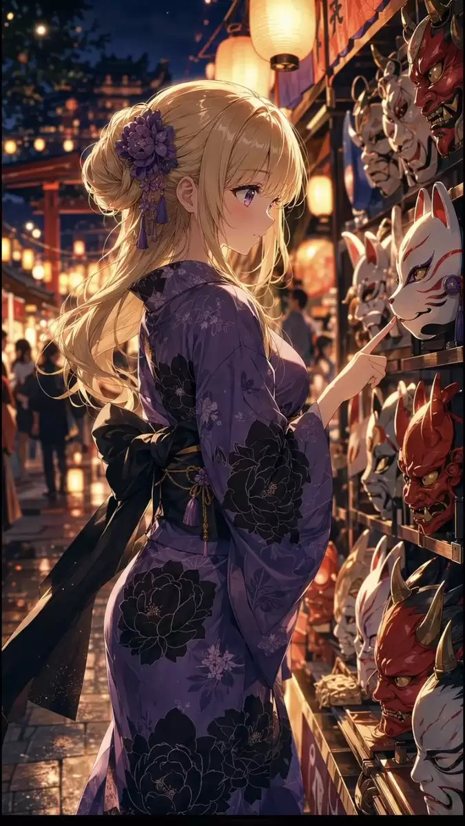夏日祭面具摊前的动漫少女