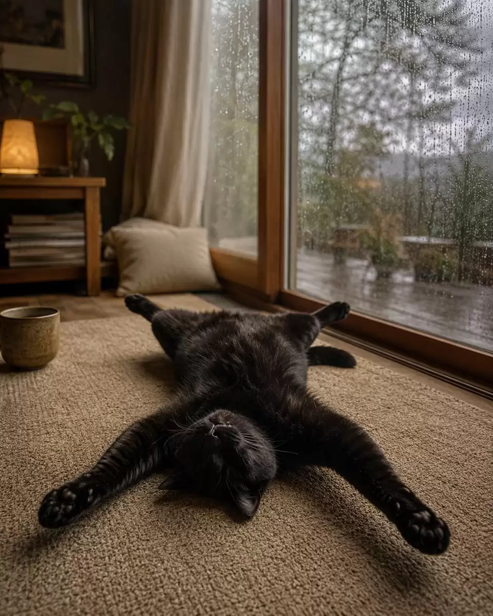 雨天里放松的黑猫