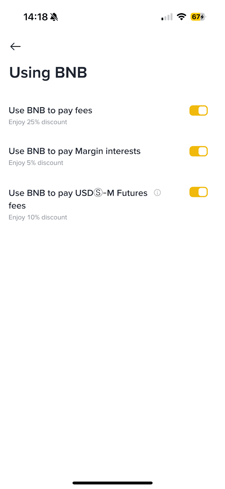 币安 App 设置里的 Using BNB 手续费抵扣入口 币安 App 设置里的 Using BNB 手续费抵扣入口