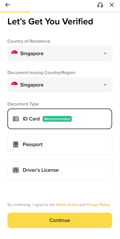 币安身份认证中选择证件类型的页面 币安身份认证中选择证件类型的页面