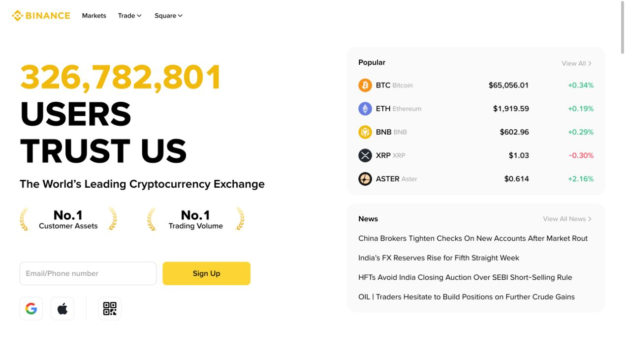 Binance 官网首页显示市场信息入口