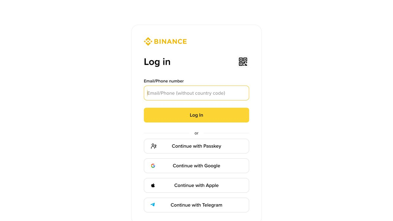 Binance 登录页面显示邮箱手机号和 Passkey 入口