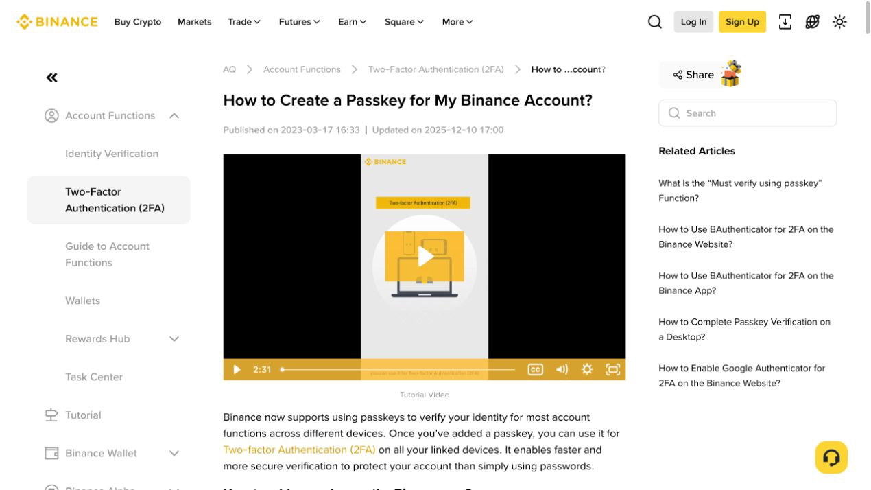 Binance Passkey 设置帮助页