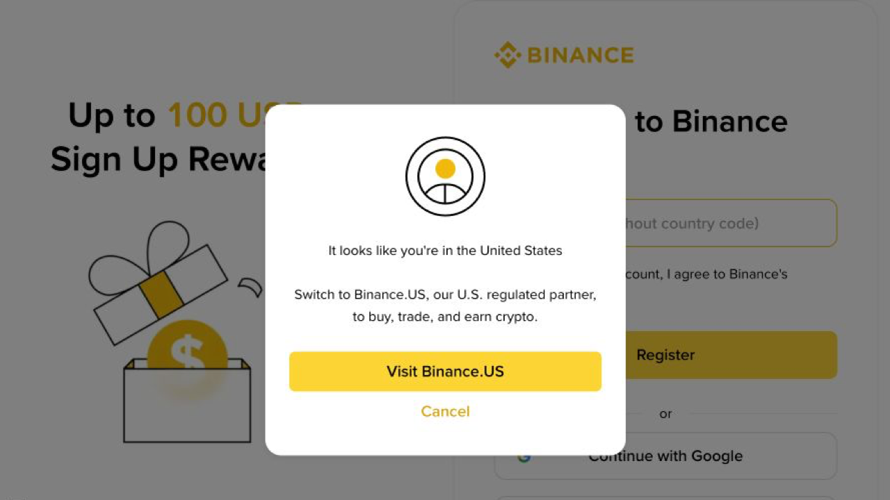 Binance 注册页地区提示弹窗显示访问 Binance.US 的选项