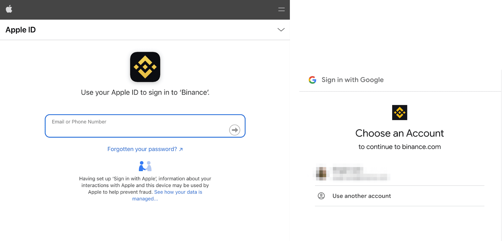 币安注册页中的 Apple 和 Google 账号授权入口