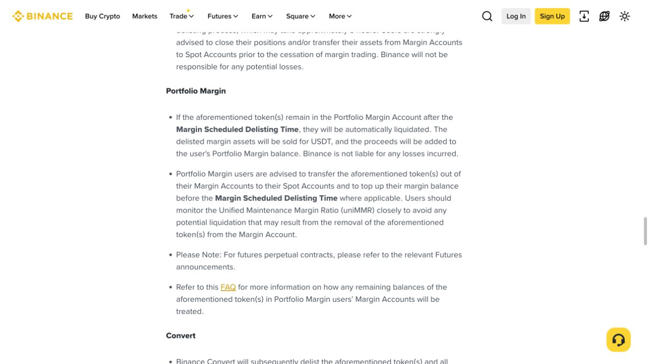币安官方下架公告中的 Portfolio Margin、Convert 和资产处理说明
