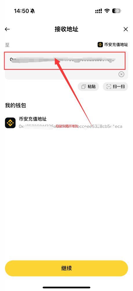 中文钱包页面显示接收地址,准备从币安提现 USDT 到该地址