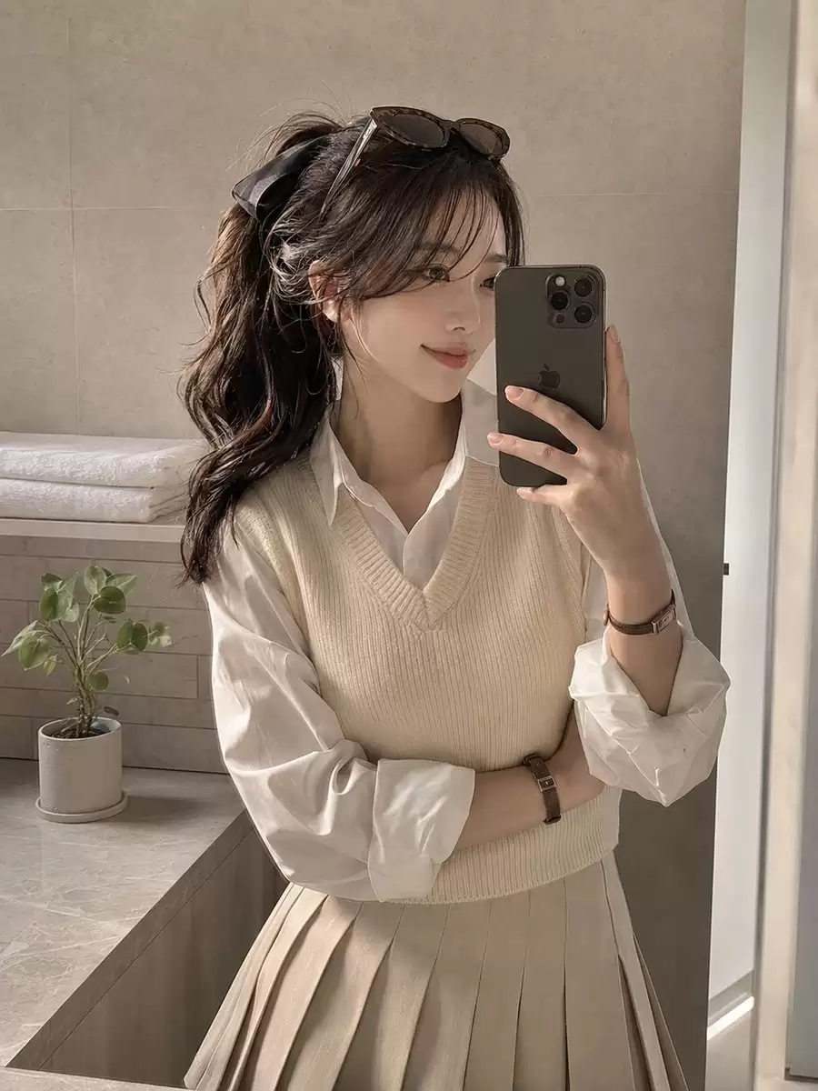 Soft Preppy Bathroom Mirror Selfie