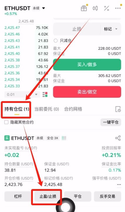 币安合约持有仓位止盈止损入口