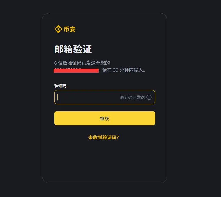 币安邮箱验证码页面真实截图