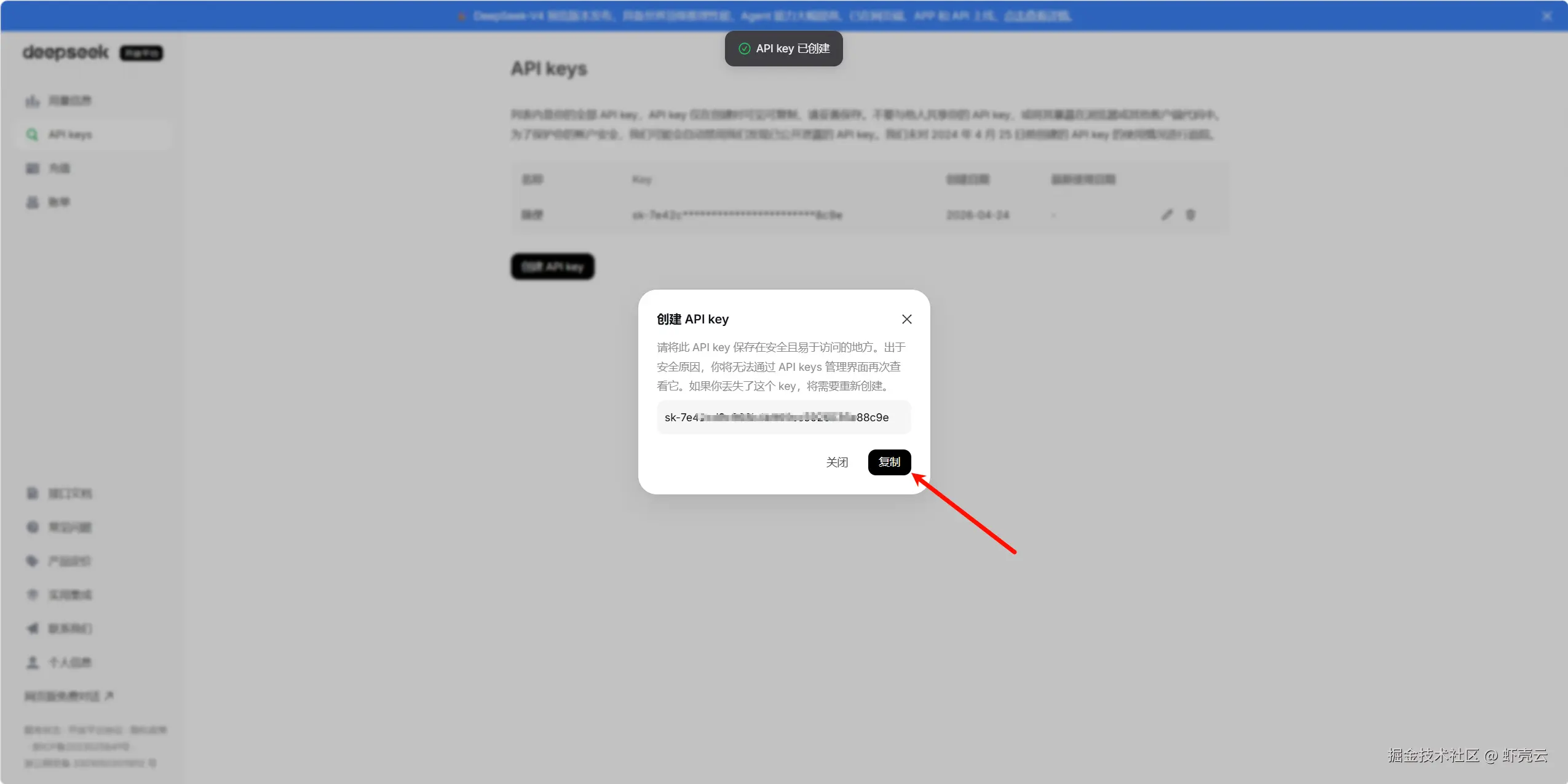 步骤 6:复制新生成的 API key