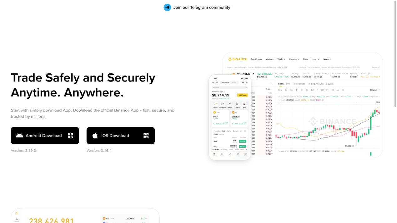币安官方 Download 页面截图,展示 Android、iOS 和 Windows、Mac OS、Linux 等获取入口