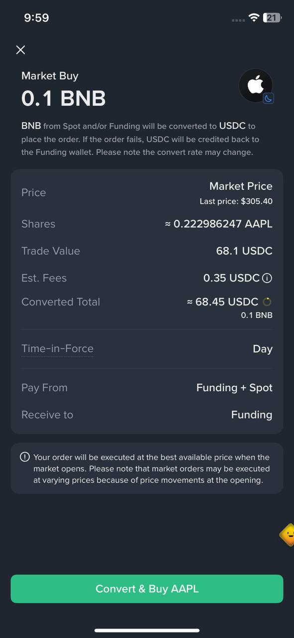 移动端 bStocks 交易订单确认界面截图