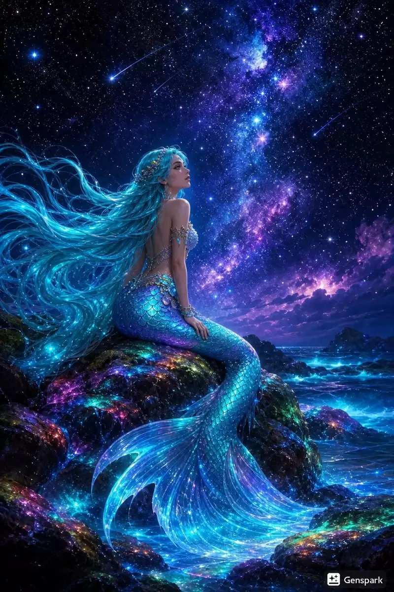 彩虹礁石上的星夜美人鱼