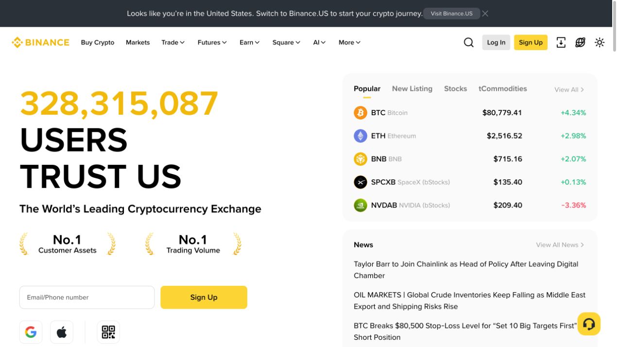Binance 官方首页的导航、账户入口和下载区域