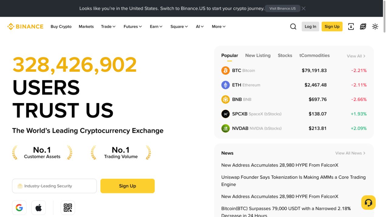 Binance 官网首页展示导航、注册登录和市场入口的真实截图
