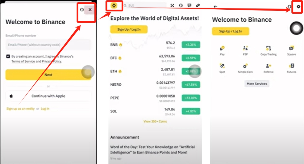 Binance 客户端从首页进入设置页面的操作示意,标出设置入口