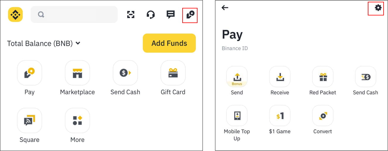 Binance 客户端切换语言后的首页和功能页面,展示设置入口及中文界面检查位置