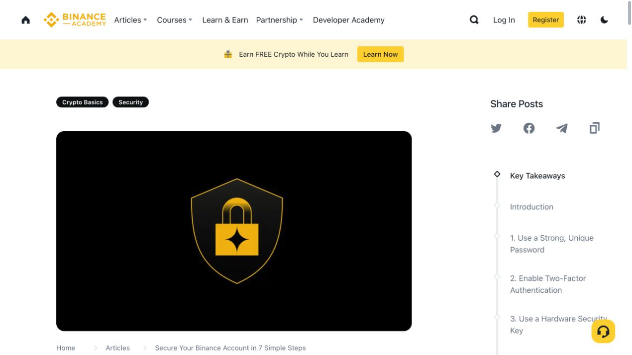 Binance Academy 账户安全教程展示密码、双重验证和安全密钥内容的真实截图