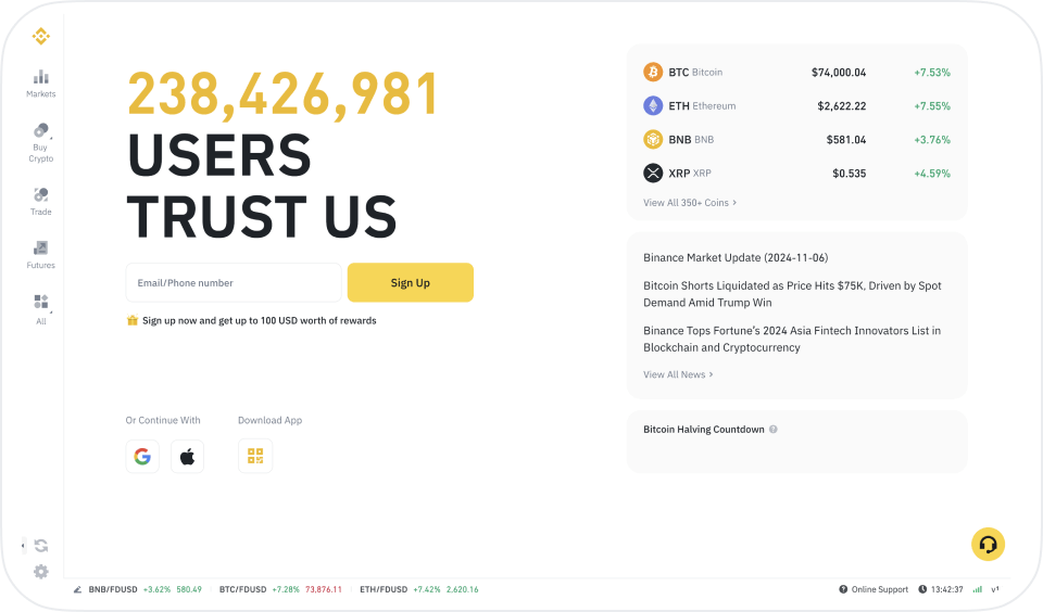 Binance 官方界面中的行情和账户功能区域