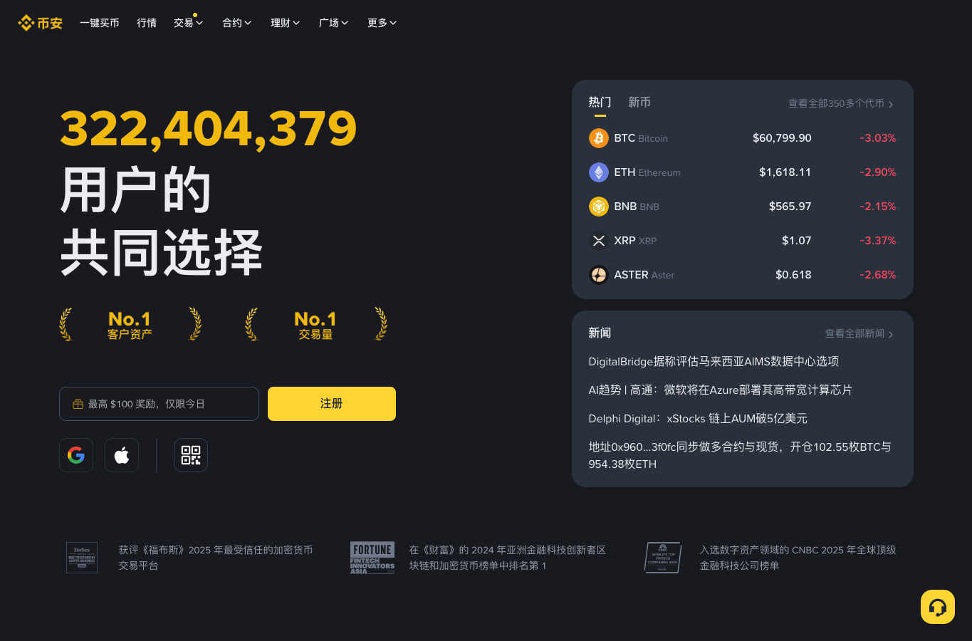 币安网页版官方首页的导航、行情和注册入口界面
