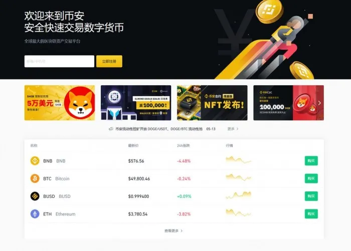 币安中文首页中的品牌标识、菜单和行情区域