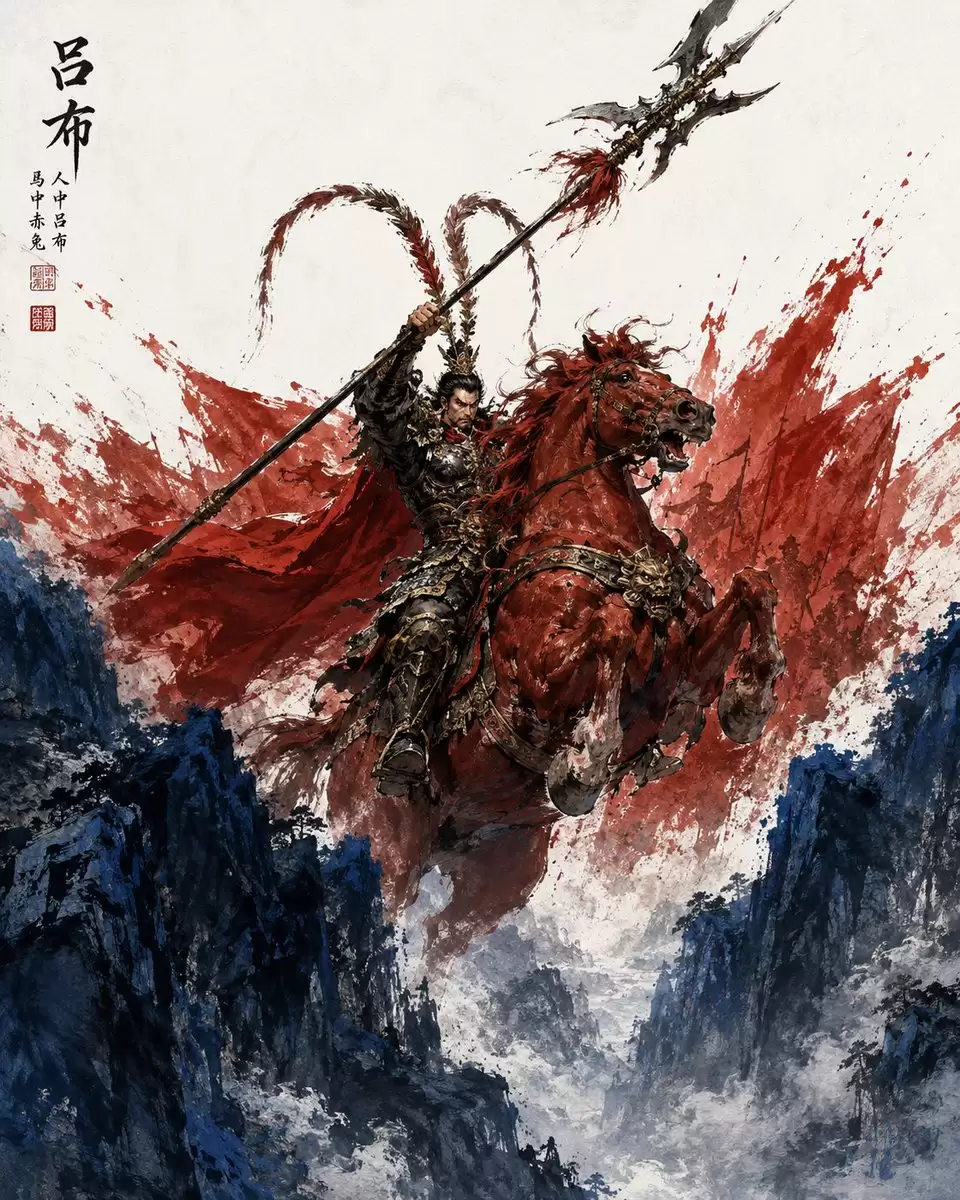 吕布骑赤兔水墨画提示词怎么写-画面元素和风格参数