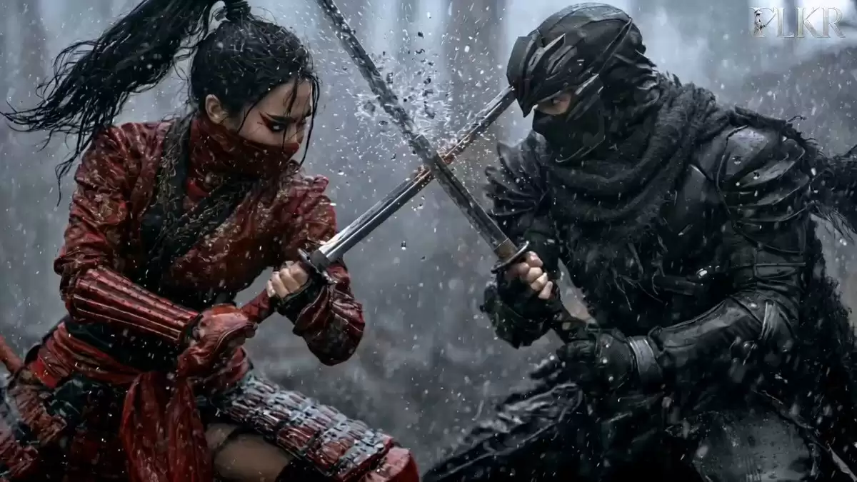 Samurai Duel in Stormy Rooftop