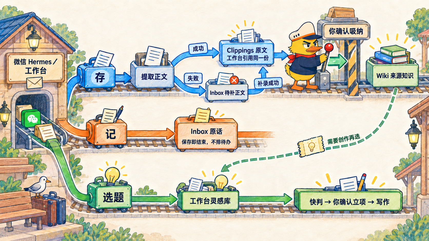 同一个 Hermes 入口，将文章、随记和灵感分流，再由人确认哪些内容进入知识库与创作