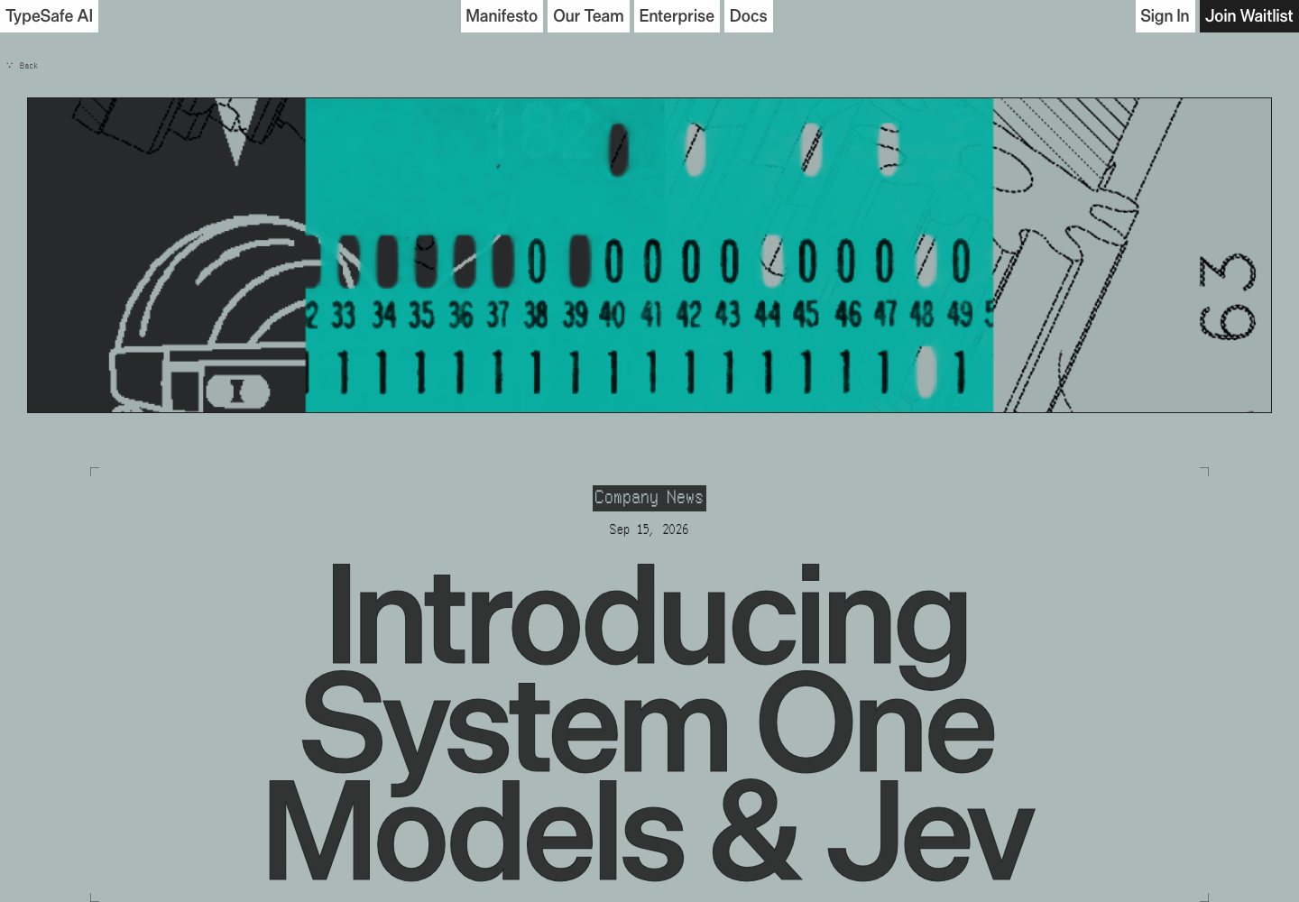 TypeSafe AI官网Jev正式发布文章页面，显示标题Introducing System One Models and Jev及发布日期2026年9月15日
