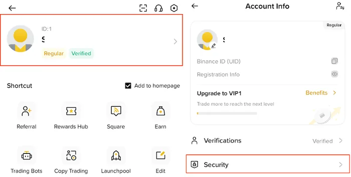 必安Binance App账户安全设置界面,可检查反钓鱼码等安全项