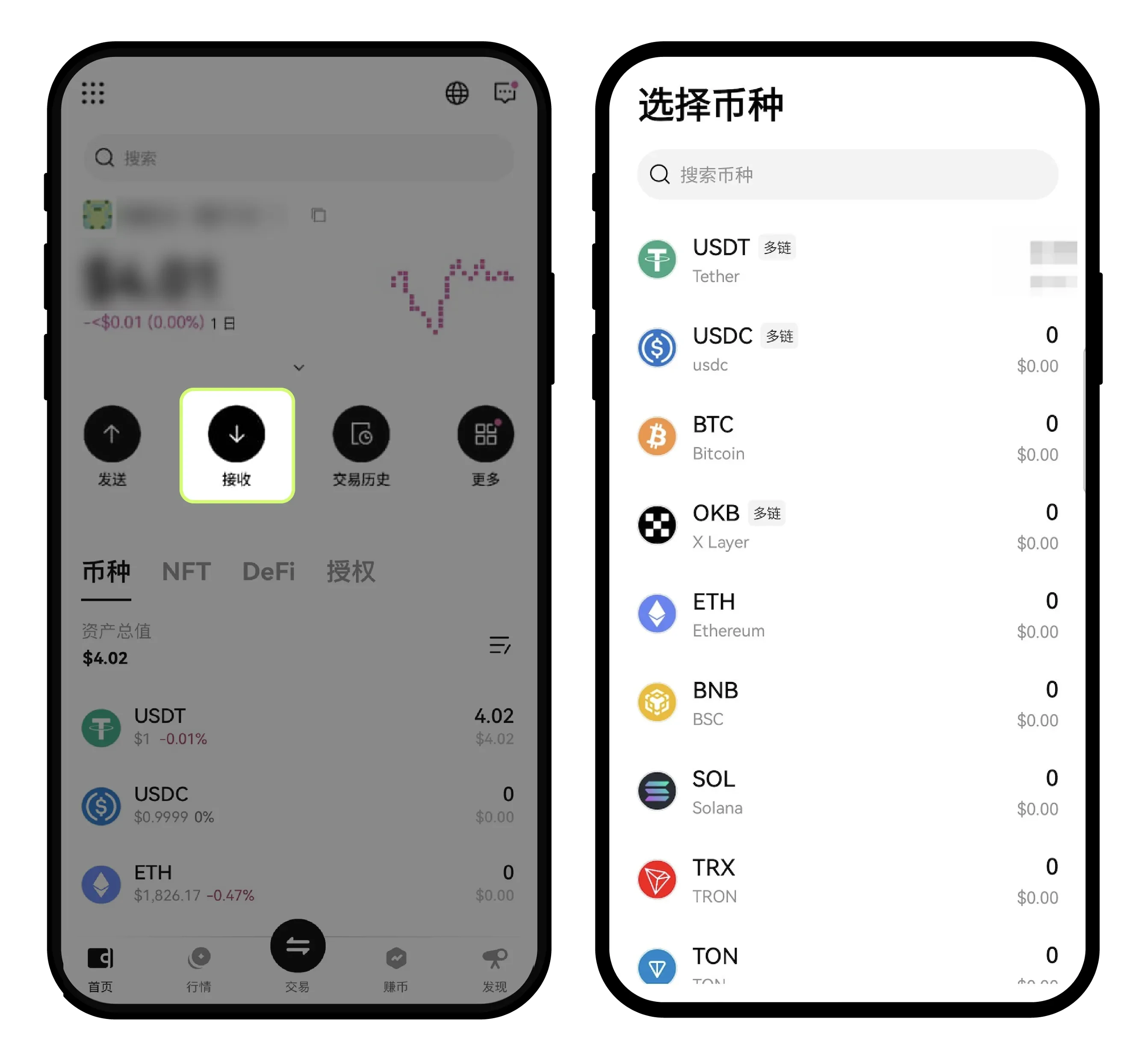 Web3 接收入口及 USDT、BTC、ETH 等接收币种选择页面