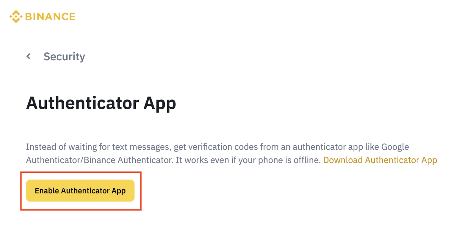 币安启用身份验证器 App 的安全设置页面